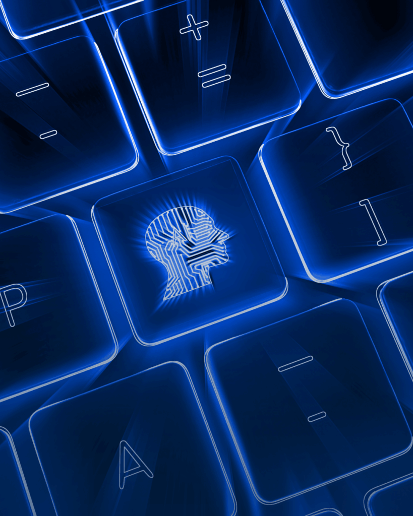 Tecla iluminada com ícone de inteligência artificial representando um cérebro digital, em um teclado com símbolos matemáticos